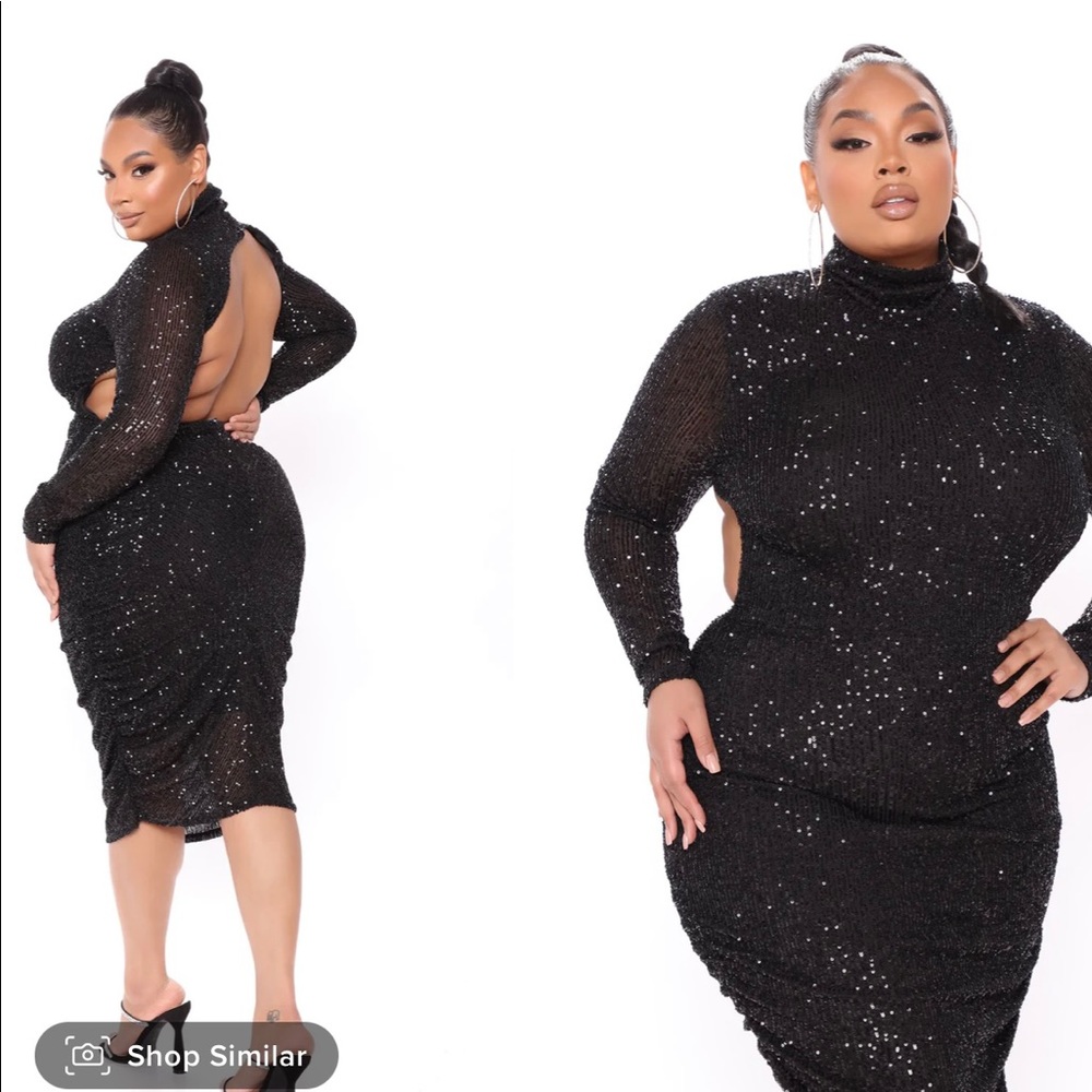 Black Backless Long Sleeve Sequin Midi Dress